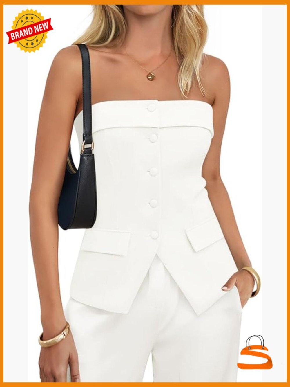 Strapless Blazer Vest Sleeveless Button Down Tube Top Dressy Waistcoat Women's